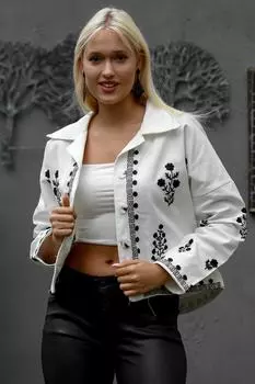 Женская белая мужская укороченная куртка из хлопковой ткани с длинными рукавами и пуговицами без подкладки с вышивкой и вышивкой Chiccy, белый