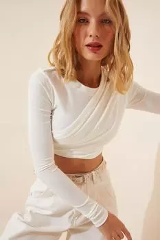 Женская белая плиссированная укороченная трикотажная блузка Happiness stanbul, белый