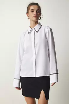 Женская белая стильная рубашка из поплина с каменной вышивкой Happiness stanbul, белый