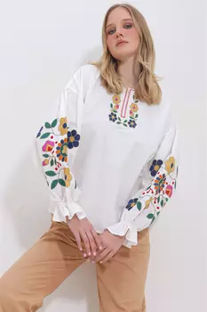 Женская белая тканая блузка с круглым вырезом спереди и рукавами с вышивкой ALC-X11376 Trend Alaat Stili, белый