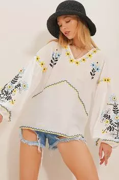 Женская белая тканая блузка с v-образным вырезом и вышитыми рукавами-воздушными шарами Trend Alaat Stili, белый