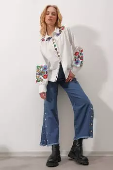 Женская белая тканая рубашка с цветочной вышивкой ALC-X9795 Trend Alaat Stili, белый