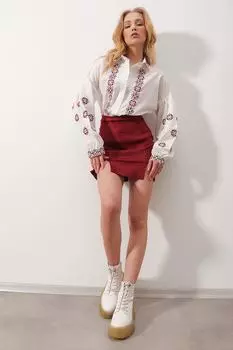 Женская белая тканая рубашка с вышивкой и воздушными рукавами Trend Alaat Stili, белый