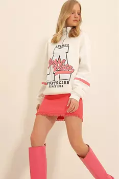 Женская белая толстовка с воротником стойкой и молнией спереди на трехниточной подкладке ALC-X11317 Trend Alaat Stili, белый