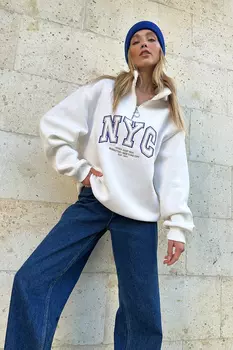 Женская белая толстовка в рубчик с тремя нитками на молнии и вышивкой ALC-X11195 Trend Alaat Stili, белый