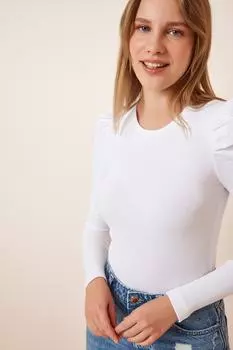 Женская белая трикотажная блузка с рукавами принцессы Happiness stanbul, белый