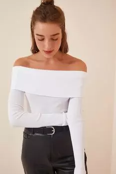 Женская белая трикотажная блузка с воротником "Кармен" Happiness stanbul, белый