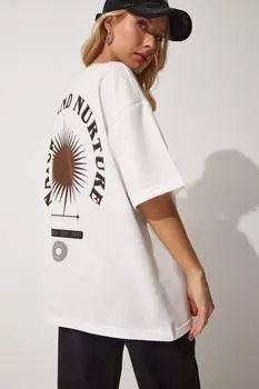 Женская белая трикотажная футболка оверсайз с принтом Happiness stanbul, белый