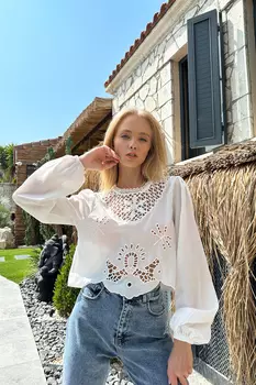 Женская белая укороченная блузка из гипюра с подробной вышивкой Trend Alaat Stili, белый