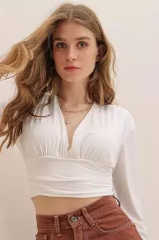 Женская белая укороченная блузка песочного цвета с v-образным вырезом спереди и на талии ALC-X7745 Trend Alaat Stili, белый