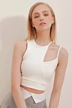 Женская белая укороченная блузка с круглым вырезом и асимметричным вырезом Trend Alaat Stili, белый