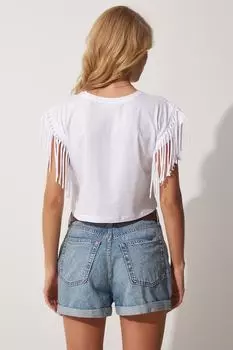 Женская белая укороченная хлопковая трикотажная футболка с кисточками Happiness stanbul, белый