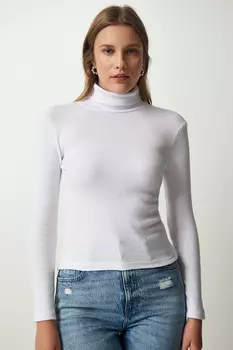 Женская белая вельветовая трикотажная блузка с водолазкой Happiness stanbul, белый