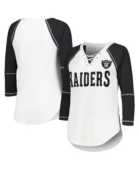 Женская бело-черная футболка Las Vegas Raiders Rebel Raglan с рукавами три четверти, шнуровкой и v-образным вырезом Touch