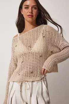 Женская бежевая ажурная трикотажная блузка с бусинами Happiness stanbul, бежевый