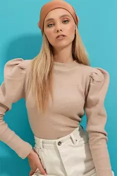 Женская бежевая блузка-бретелька с рукавами принцессы и полуводолазкой Trend Alaat Stili, бежевый