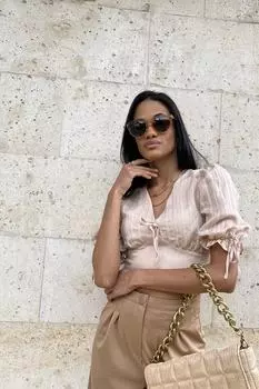 Женская бежевая блузка из вискона с v-образным вырезом и рукавами принцессы на подкладке с рисунком Trend Alaat Stili, бежевый