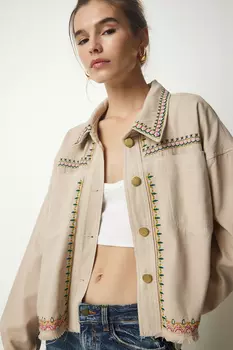 Женская бежевая джинсовая куртка оверсайз с вышивкой и кисточками Happiness Istanbul, бежевый