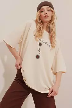 Женская бежевая футболка унисекс с круглым вырезом с принтом ALC-X9577 Trend Alaat Stili, бежевый