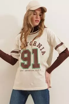 Женская бежевая футболка в рубчик с круглым вырезом с цифровым принтом ALC-X7827 Trend Alaat Stili, экрю