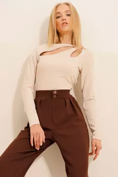 Женская бежевая трикотажная блузка из лайкры с вырезом лодочкой ALC-X11125 Trend Alaat Stili, бежевый