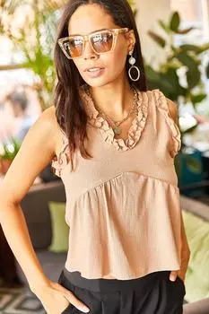 Женская бежевая трикотажная блузка с воротником и рукавами Olalook, бежевый