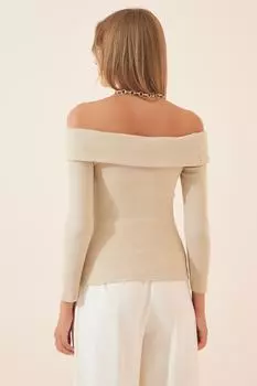 Женская бежевая трикотажная блузка с воротником "Кармен" в рубчик Happiness stanbul, бежевый