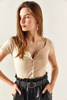 Женская бежевая укороченная блузка из лайкры с вырезом «лодочкой» Olalook, бежевый