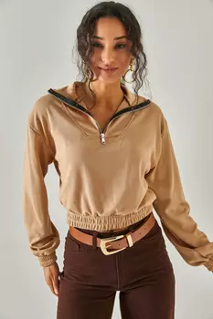 Женская бежевая укороченная блузка на молнии с высоким воротником Olalook, бежевый