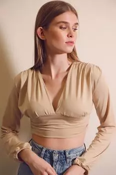 Женская бежевая укороченная блузка песочного цвета с v-образным вырезом спереди и на талии ALC-X7745 Trend Alaat Stili, бежевый