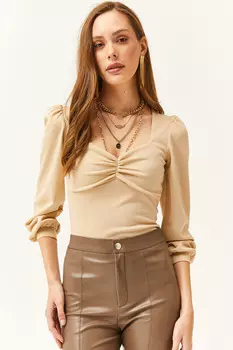 Женская бежевая укороченная блузка Roba со сборками Olalook, бежевый