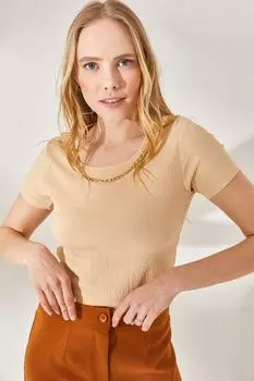 Женская бежевая укороченная блузка с колье и фактурным узором Olalook, бежевый