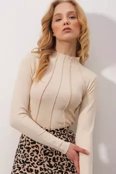 Женская бежевая укороченная блузка с воротником-стойкой и детальной текстурой ALC-X9791 Trend Alaat Stili, бежевый