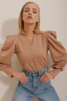 Женская бежевая укороченная тканая блузка с длинным воротником и рукавами принцессы ALC-X9659 Trend Alaat Stili, бежевый