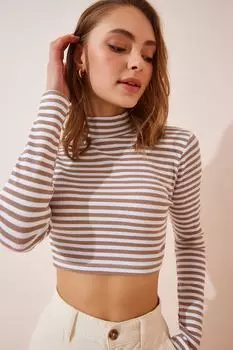 Женская бежево-белая укороченная трикотажная блузка в рубчик с высоким воротником Happiness stanbul, бежевый