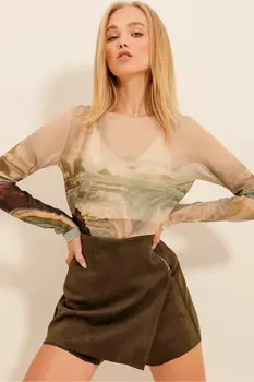 Женская бежево-зеленая блузка из тюля с круглым вырезом и цифровым рисунком Trend Alaat Stili, бежевый