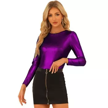 Женская блестящая рубашка с длинными рукавами и блестящими металлическими топами для вечеринок ALLEGRA K, фиолетовый