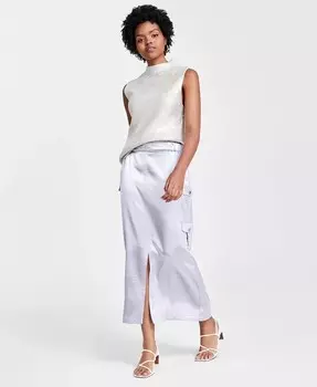 Женская блестящая юбка-карго миди с разрезом спереди Bar III, серебро