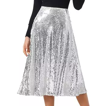 Женская блестящая юбка миди с высокой талией и блестками для коктейльной вечеринки ALLEGRA K, цвет Silver