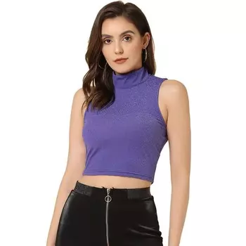 Женская блестящая укороченная майка без рукавов с вырезом на шее и вырезом на спине ALLEGRA K, фиолетовый