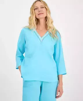 Женская блуза из 100% льна с декоративными элементами Charter Club, синий