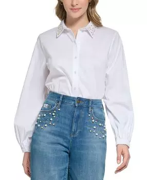 Женская блуза из хлопкового поплина с искусственным жемчугом Karl Lagerfeld Paris, белый