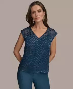 Женская блуза с короткими рукавами из шифона с эффектом burnout Donna Karan New York, синий