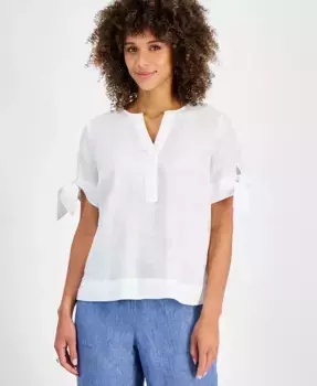 Женская блуза с разрезом на горловине и завязывающимися манжетами, 100% лен Charter Club, белый