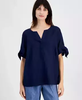 Женская блуза с разрезом на горловине и завязывающимися манжетами, 100% лен Charter Club, синий