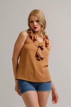 Женская блузка без рукавов с норковым воротником и оборками armonika, коричневый