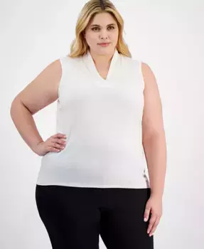 Женская блузка без рукавов с плиссировкой и V-образным вырезом Plus Size Anne Klein, белый