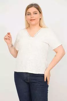 Женская блузка больших размеров из хлопчатобумажной ткани с кружевной подкладкой спереди, 65n35791 ans, экрю