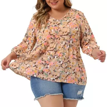 Женская блузка больших размеров с баской и цветочным принтом, рукавами 3/4 и рюшами Agnes Orinda, цвет Dark Pink