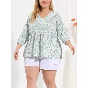 Женская блузка больших размеров с баской и цветочным принтом, рукавами 3/4 и рюшами Agnes Orinda, бежевый